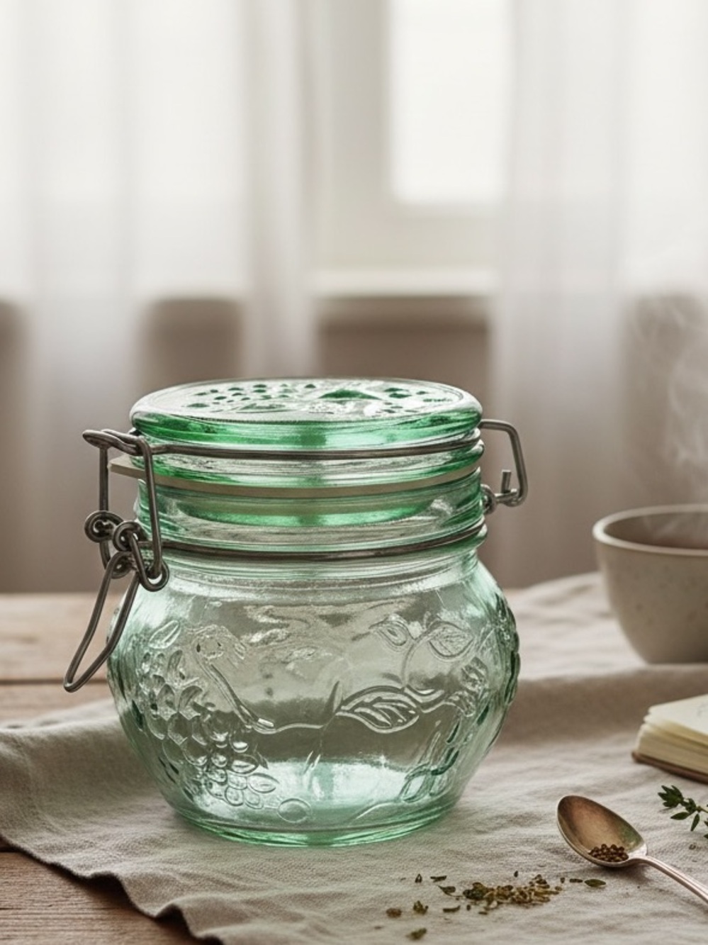 Vintage Libbey Canada Green Glass Fruit Canister Jar Wire Bail Clasp